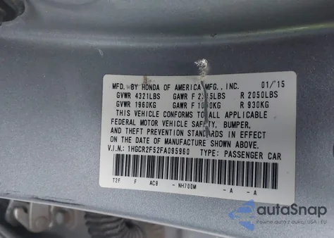 2015 Honda Accord Sport from USA, damaged, VIN 1HGCR2F52FA095960